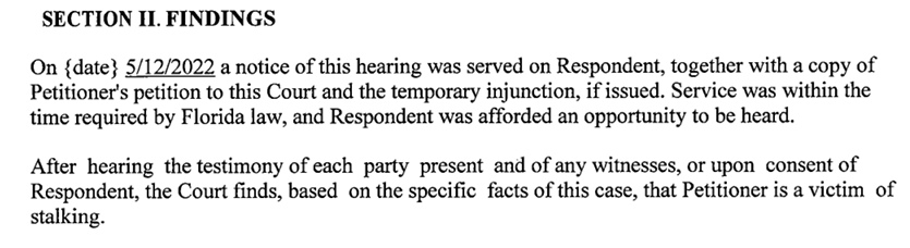 Court order text: the Court finds, based on the specific facts of this case, that Petitioner is a victim of stalking.